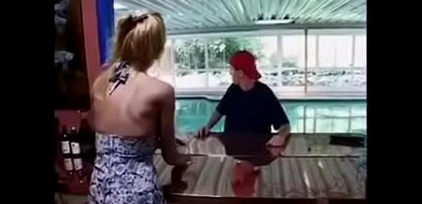  Skinny blonde cougar fuck young guy on indoorpool